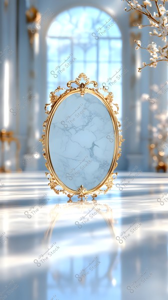 An oval mirror with an ornate gold frame stands on a reflective table in a bright room. The background features a large window with sunlight streaming through, and decor includes branches with white blossoms.