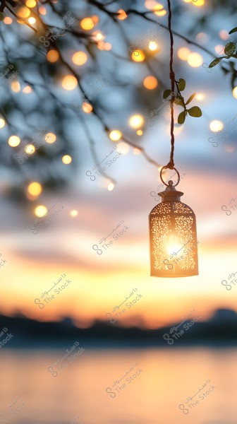 An image of a lit lantern hanging from a tree, with a background of blurred decorative lights and a sunset on the horizon. The lantern is made of metal with intricate patterns and is illuminated in the center of the photo.
