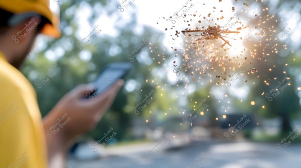 A person wearing a yellow helmet and yellow shirt holds a smartphone while a small drone explodes in the air in front of them, scattering parts in different directions with scattered lights. The background shows a blurred natural, wooded scene in daylight.