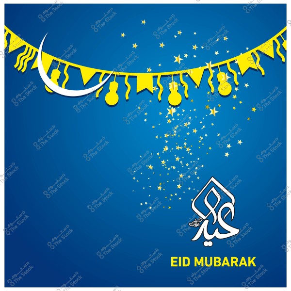 Blue background design with a crescent moon and yellow decorations, featuring the text \"Eid Mubarak\" in Arabic and English.