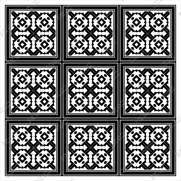 تصميم نمط بلاط هندسي باللونين الأسود والأبيض مكون من مربعات مكررة بزخارف متماثلة.