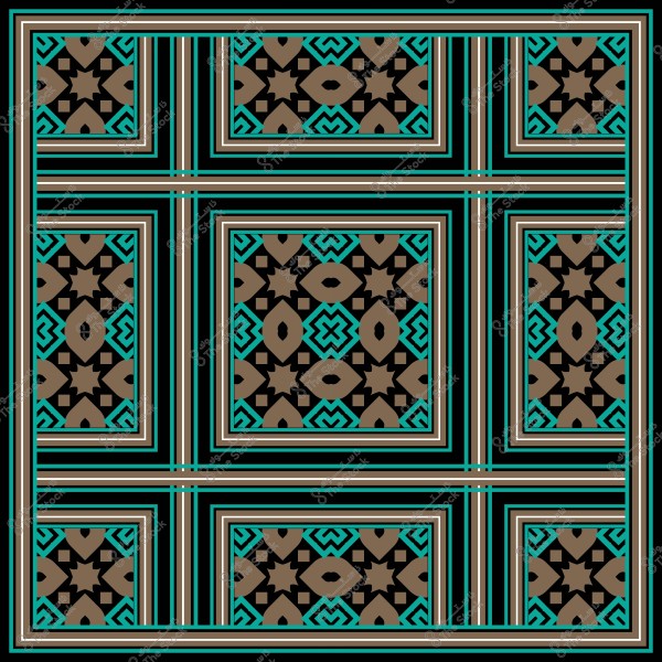 Geometric pattern with ornate motifs in brown and light green in an intersecting design.