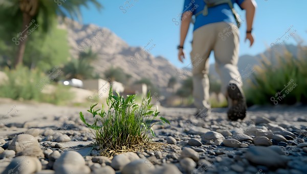 An image of a man walking on a rocky path in a mountainous area. In the foreground, there is a close-up of small plants growing among the pebbles. The background features mountains covered with vegetation and palm trees under a clear blue sky. The man is wearing brown pants, a blue shirt, and carrying a backpack.