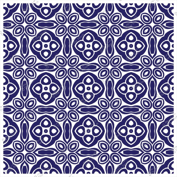 A blue and white geometric pattern featuring repeating floral shapes and geometric elements.