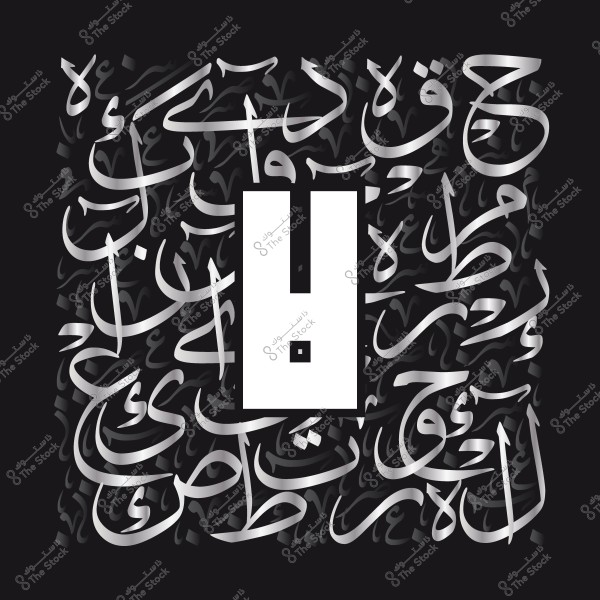 صورة فن خط عربي مزخرف بتصميم زخرفي وألوان متباينة بالأسود والأبيض والرمادي.