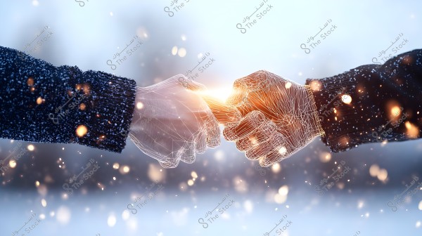 An image of two hands shaking, with one hand appearing traditional and the other rendered in digital 3D wireframe. The background is blurred with bright scattered lights, creating a sense of connection between the digital and real worlds.