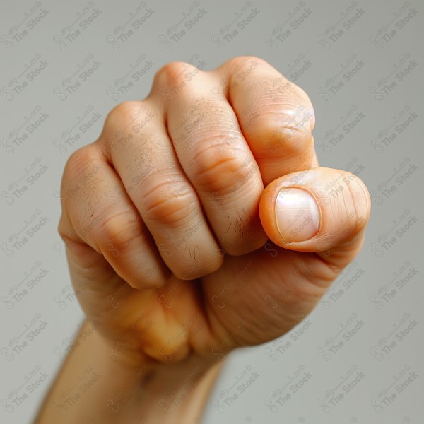 A high-resolution close-up photo of a person's fist. The hand is clenched tight, with the fingers curled inward and the thumb tucked against the palm. The knuckles and veins are prominent.