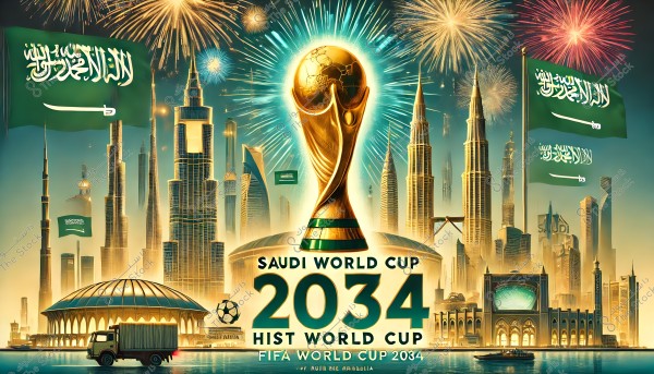 An image celebrating Saudi Arabia winning the bid to host the 2034 World Cup. The World Cup trophy is prominently displayed in the foreground, set against a city skyline filled with tall skyscrapers. Saudi flags are waving in the background, and fireworks light up the sky, adding to the festive atmosphere.