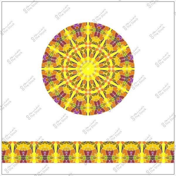 تصميم دائري يعكس أنماطاً هندسية بألوان زاهية تضم الأصفر, البرتقالي, والبني, على خلفية بيضاء. يحتوي التصميم أيضًا على شريط طويل في الجزء السفلي بنفس النمط والألوان.

-