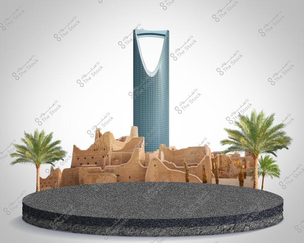 An image featuring Saudi architectural elements combining modernity and tradition. In the center is a tall, modern tower, surrounded by traditional mud structures. Palm trees are positioned on both sides, all placed on a circular base made of asphalt and rock material.