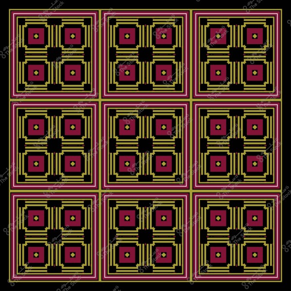 Symmetrical design composed of squares in black, yellow, and dark pink colors, forming a repeated geometric pattern.