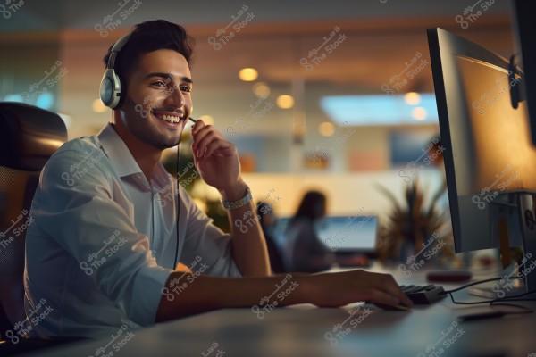 An image of a man wearing a headset, sitting in front of a computer screen in an office lit with warm lights. He is wearing a long-sleeved white shirt and appears happy and engaged in his work. In the background, several people can also be seen working.