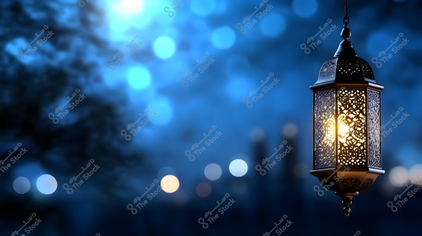 A glowing metal lantern with Arabic patterns, hanging against a blurred background of blue lights and a night setting. The light highlights the intricate details of the lantern\'s design, conveying a tranquil and beautiful atmosphere.