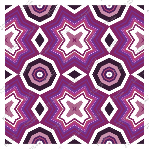 نمط هندسي متماثل بألوان أرجوانية وزهرية وأبيض يتضمن أشكالاً نجمية وسداسية.