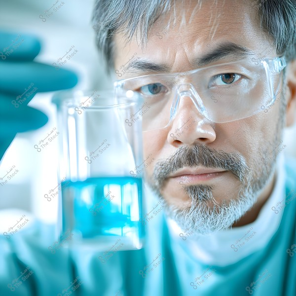 A scientist in a lab wearing safety goggles and blue gloves, looks intently at a beaker containing a blue liquid. The laboratory environment appears modern and scientific, with the scientist wearing a green lab coat and a white shirt underneath.
