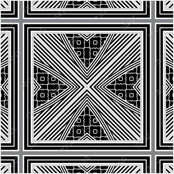 Black and white geometric design consisting of intersecting lines and repeated decorative patterns.