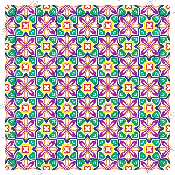 نمط متكرر من الأشكال الهندسية الملونة بألوان زاهية تضم أزهاراً ونجوماً في تصميم متناسق.