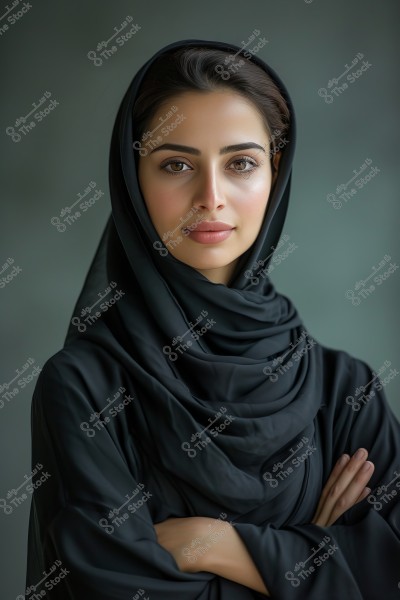 Portrait of a woman wearing a black hijab and traditional dark-colored clothing, with a gentle smile and her arms crossed. The background is blurred, possibly taken in a studio setting.