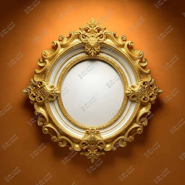 An ornate oval mirror frame with intricate golden details featuring swirling and carved designs. The background is a bright orange wall that enhances the elegance of the luxurious frame.
