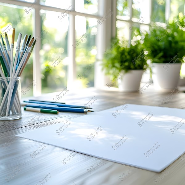 The image shows a set of colored pencils placed in a glass cup on a wooden desk near a sunny window. Next to the cup are several sheets of white paper. In the background, green plants are planted in white pots, and sunlight appears to be reflecting on the desk.