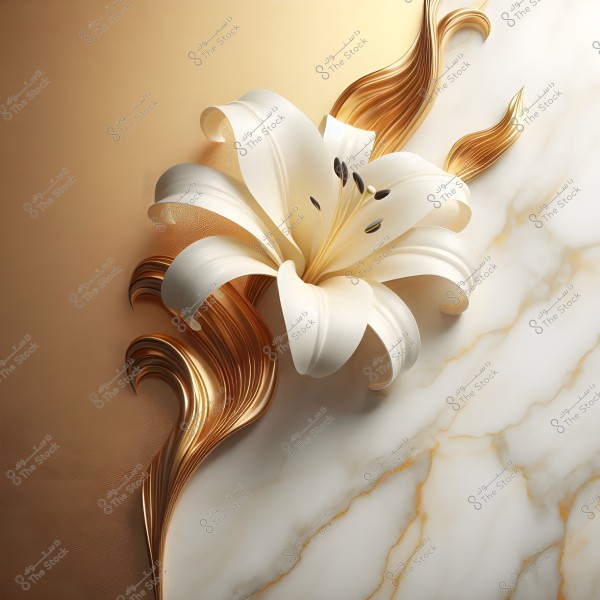 An image of a 3D white lily flower adorned with golden decorative elements. The flower is detailed with curved petals, blending into a background with color gradients from light beige to brown, and part of the background resembles white marble.