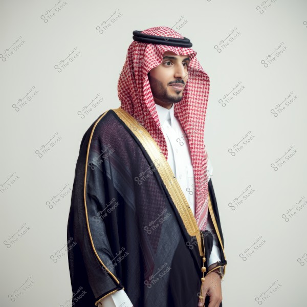 A man wearing traditional Saudi attire, featuring a red checkered headscarf, a white thobe, and a black bisht adorned with gold embellishments. He appears to be standing in front of a neutral background.