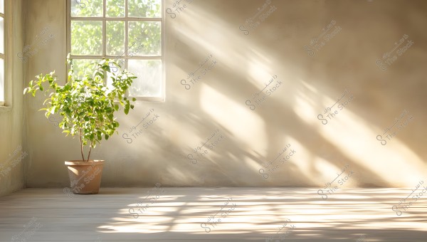 A serene room illuminated by sunlight, featuring a green plant in a brown pot placed on a light wooden floor. A large glass window on the left allows light to stream in, casting beautiful shadows on the walls and floor.