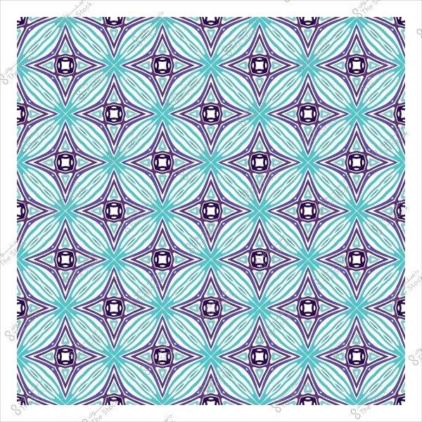 نمط زخرفي هندسي بألوان زرقاء وبنفسجية متكررة بأشكال نجمية وزهرية على خلفية بيضاء.