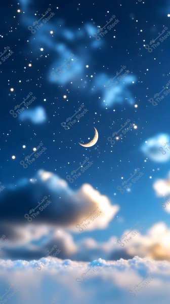 A starry night sky with a glowing crescent moon centered in the image. Soft clouds appear on the lower horizon, adding a sense of calmness and serenity to the scene.