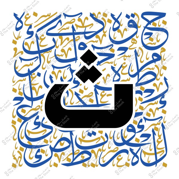 Artistic image featuring the Arabic letter "ث" in large black font, surrounded by a background of interwoven Arabic calligraphy in blue and gold colors.