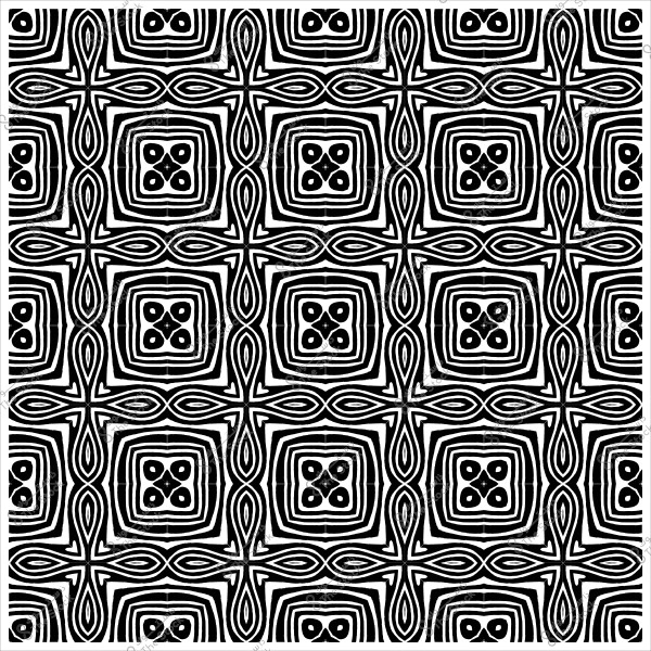 Black and white ornamental pattern composed of repeating square geometric shapes.