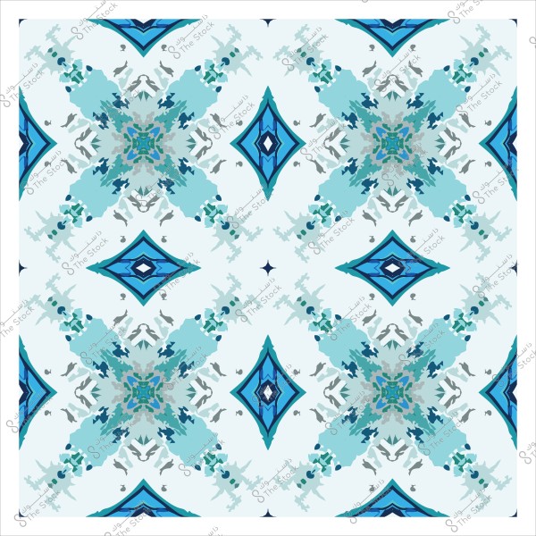 Geometric pattern with symmetrical shapes and multiple angles in blue and turquoise.