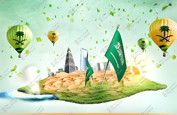 The image depicts a floating island featuring iconic architectural buildings adorned with the flag of Saudi Arabia. Hot air balloons with the Saudi emblem are scattered in the sky. The island is surrounded by sand and greenery, with water to one side. Green paper confetti is flying around in the air.