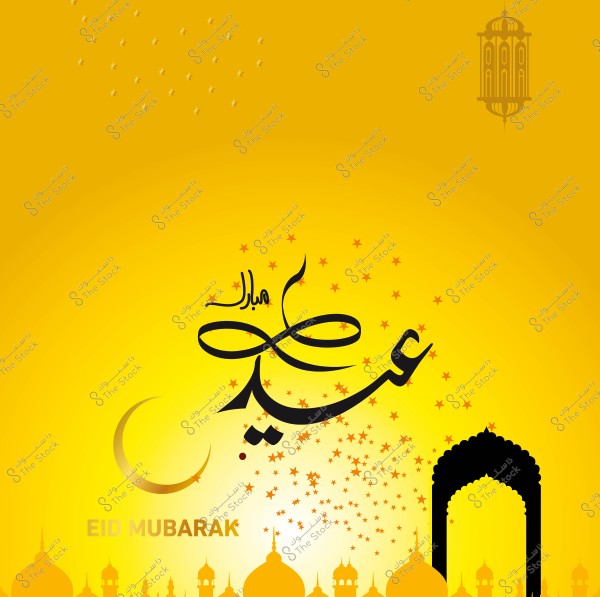 Eid Mubarak greeting card design with a yellow background, Islamic decorations, a crescent moon, and the phrase "Eid Mubarak" in Arabic and English.
