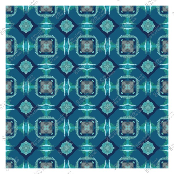 Geometric decorative pattern with blue and green colors featuring symmetrical diamond and square shapes.