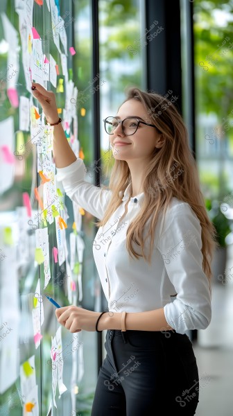 The image features a woman in a white, long-sleeve shirt and black glasses. She is standing in front of a glass wall covered with various colorful sticky notes. The woman is holding a blue pen and looking at the notes with a slight smile. The background shows a green, natural setting outside the window.