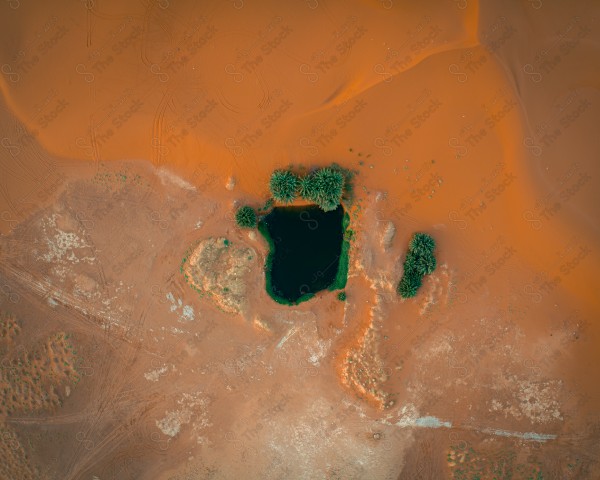 لقطة جوية لبحيرة برودان بالقرب من مدينة القصب، سلسلة من الكثبان الرملية، الطبيعة بالسعودية، بركة مياه.