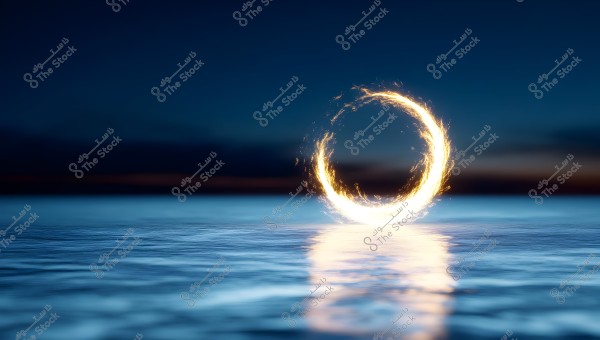 An image of a sunset scene over the sea, where the water reflects the twilight light with blue hues. In the center of the image is a ring of fire shaped like a circle, glowing with bright colors against the dark background and distant clouds on the horizon.