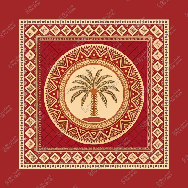 صورة تحتوي على تصميم رمزي لنخلة في وسط إطار دائري محاط بنمط هندسي. الخلفية والألوان المستخدمة تشمل الأحمر والذهبي, مما يضفي طابعاً تقليدياً وأنيقاً. الإطار الخارجي يتميز بأشكال هندسية من المربعات والمعينات بلون ذهبي على خلفية حمراء.