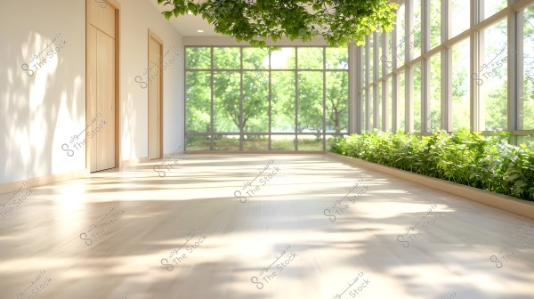 An image of an indoor corridor in a bright and spacious building, featuring sunlight streaming through large glass windows along the right wall, with green plants lined up beside the windows. The left wall has modern-looking wooden doors. The floor is made of light-colored wood, and the shadows cast by sunlight create beautiful patterns on the floor.