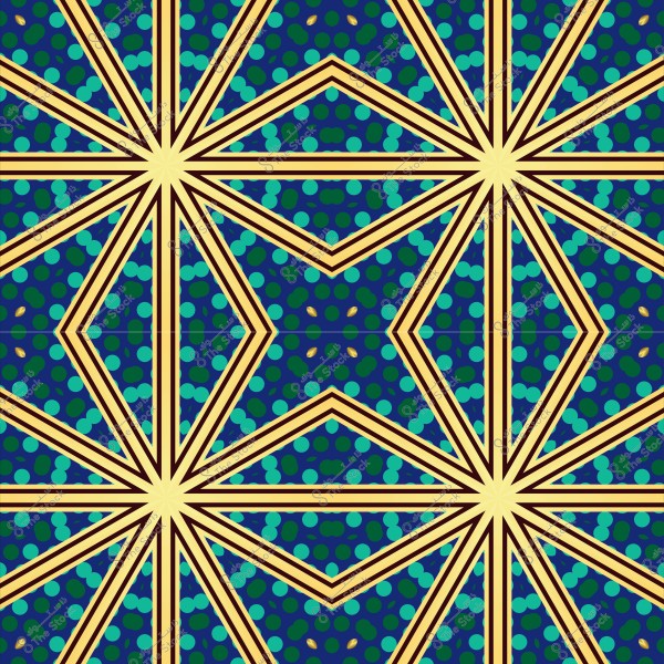 تصميم هندسي ملون بأشكال نجمية وخطوط متقاطعة بلون أصفر على خلفية زرقاء مزخرفة بنقاط خضراء.