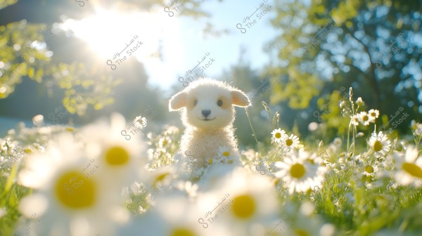 A small lamb stands in a field full of small white flowers under bright sunlight. The background displays blurred green trees with light filtering through.