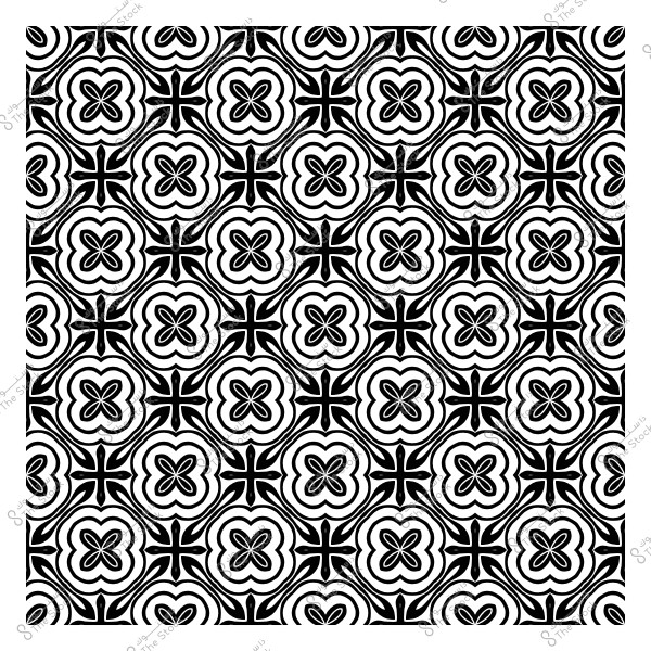 Black and white geometric pattern consisting of repeating shapes resembling flowers and stars.