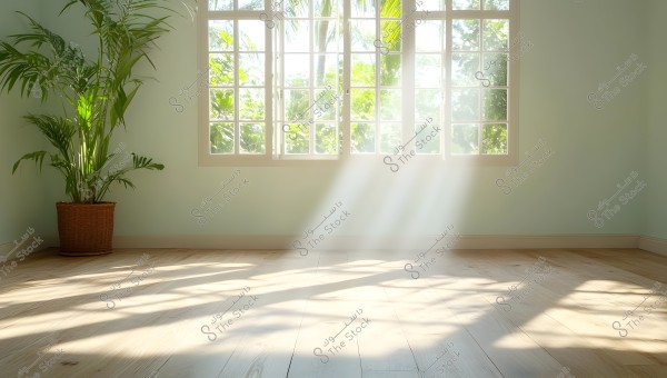 An image of a room illuminated by natural sunlight, with light streaming through a large window with wooden frames. There is an indoor plant in a wicker pot on the left side of the room. The floor is wooden and bright due to the sunlight.