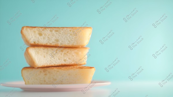 An image of three slices of sponge-like bread stacked on top of each other on a white plate. The bread is golden-brown in color with a light blue background.