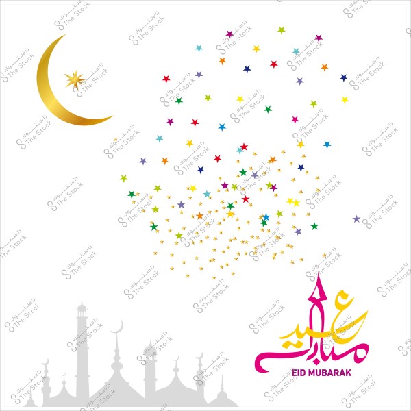 صورة تهنئة بمناسبة عيد مبارك, تحتوي على هلال ذهبي ونجوم ملونة, مع كتابة \"عيد مبارك\" باللغة العربية والإنجليزية, وخلفية لمآذن مسجد باللون الرمادي.