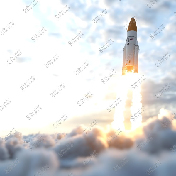 An image of a rocket launching into space, rising above the clouds with bright flames and light emanating from the engine. The sky is filled with clouds and a burst of light is visible in the background.