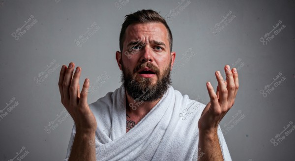 Portrait of a man with a beard and short brown hair, raising his hands with a surprised or puzzled expression. He is wearing a simple white robe covering his shoulders against a gray background.