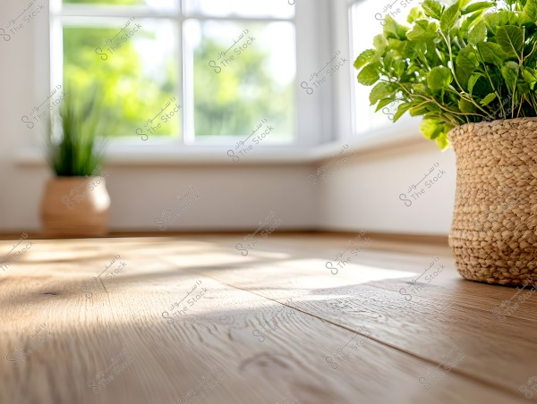An image of a bright room featuring a smooth wooden floor. Near a sunlit window, there is a woven basket filled with lush green plants. In the background, another pot of plants is near another window, reflecting natural sunlight and creating a calm and natural atmosphere.
