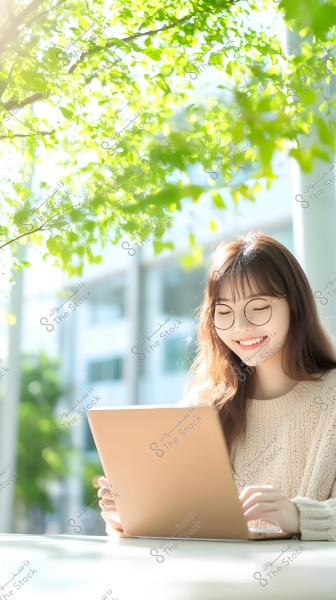 A photo of a woman sitting outdoors at a table under lush, sunlit green trees, wearing glasses and smiling while looking at a gold-colored tablet. She is wearing a light knitted sweater. The background shows a building with glass windows, under bright sunlight creating a warm and relaxed atmosphere.